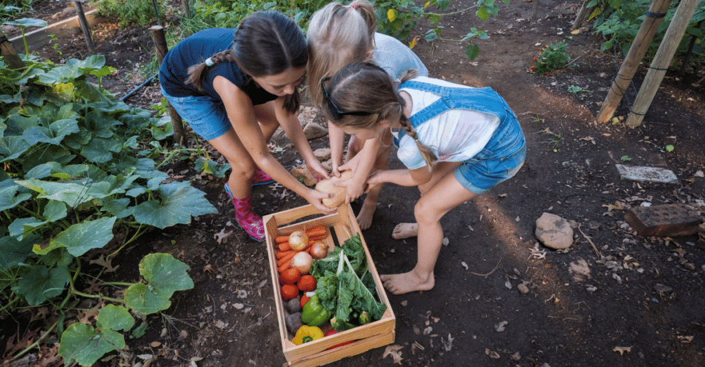 group of school children huddled around garden vegetables