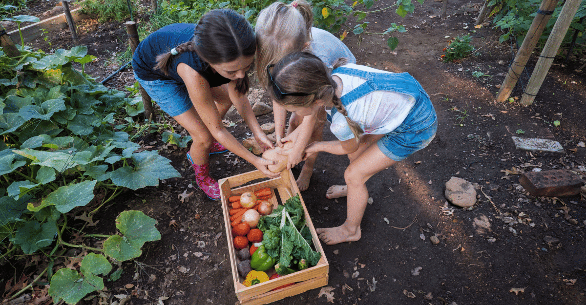 group of school children huddled around garden vegetables